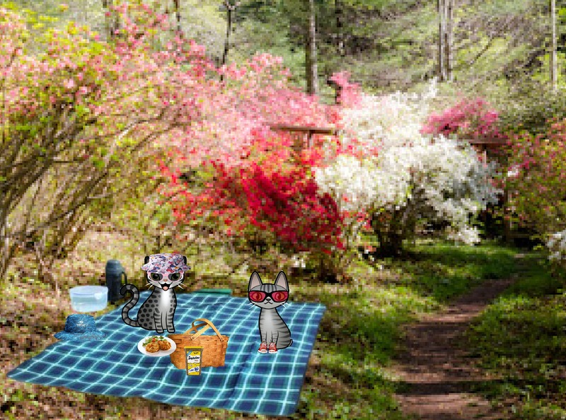 Periwinkle Stinky Happy Hollow Two cartoon tabby cats surround by colorful azaleas and having a picnic on a blue checked blanket.
