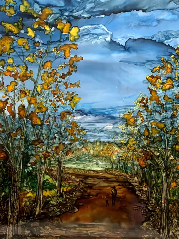 Alcohol Ink with trees, a road and a blue sky entitled, Autumn Stroll.