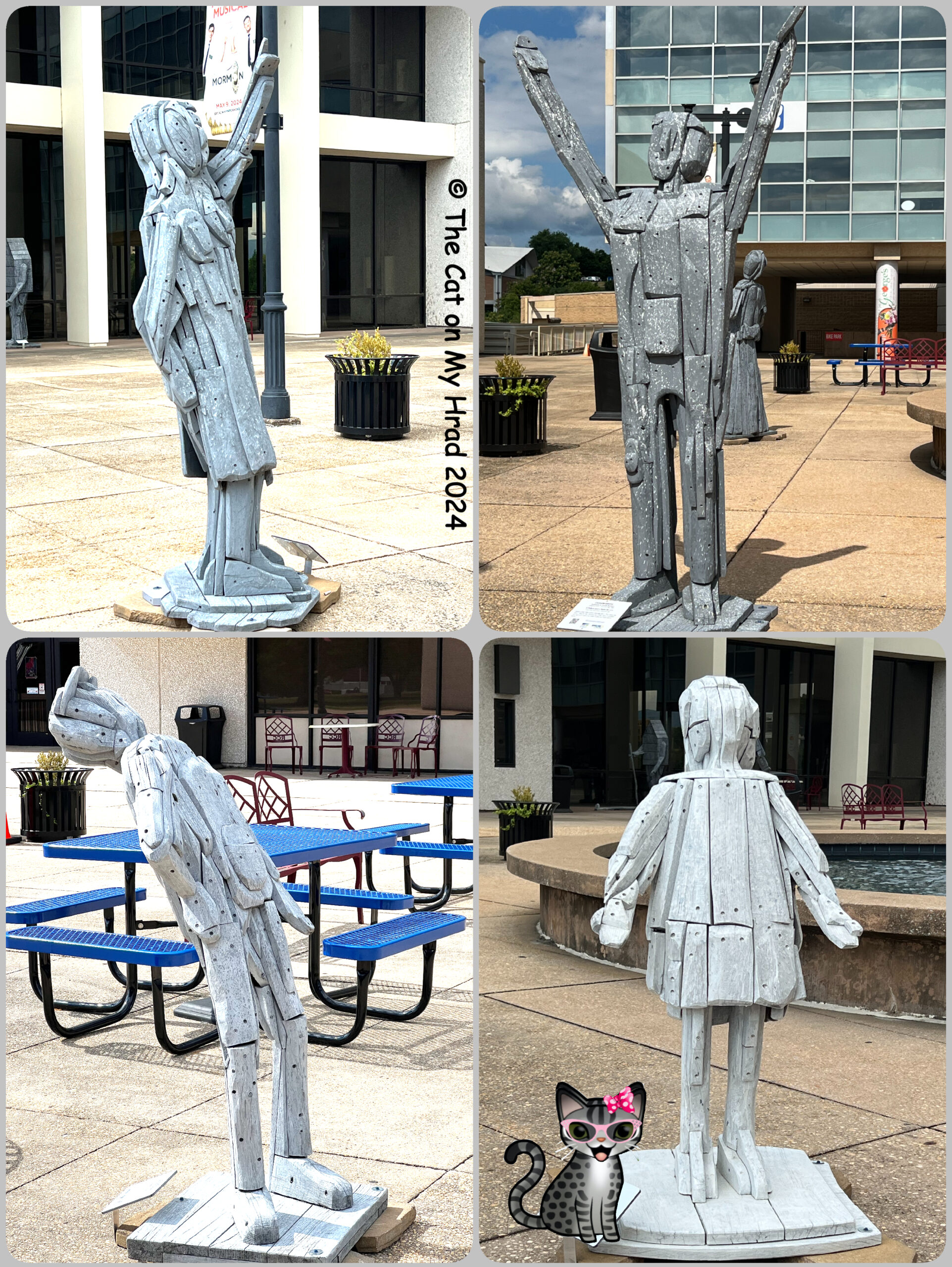 Periwinkle Stinky Charles Brouwer Collage of four wooden sculptures of humans, all looking up at the sky.