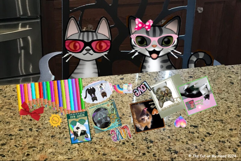 Periwinkle Stinky World Pet Memorial Day Periwinkle Stinky World Pet Memorial Day: Cartoon tabby cats at a counter with photos and stickers for a scrapbook page.