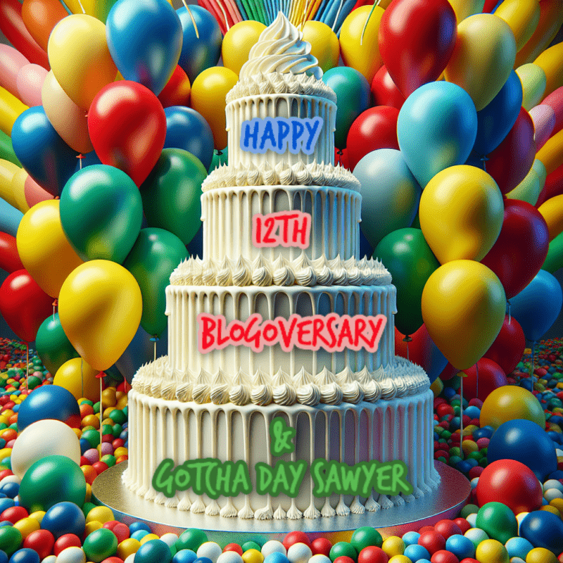 celebration selfies Four tiered cake surrounded by balloons.