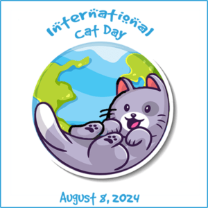 Graphic of a cartoon grey cat on a badge for International Cat Day.