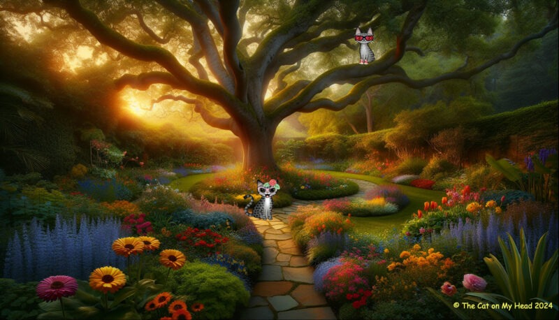 Two cartoon tabby cats in a beautiful garden. One has climbed a large tree.
