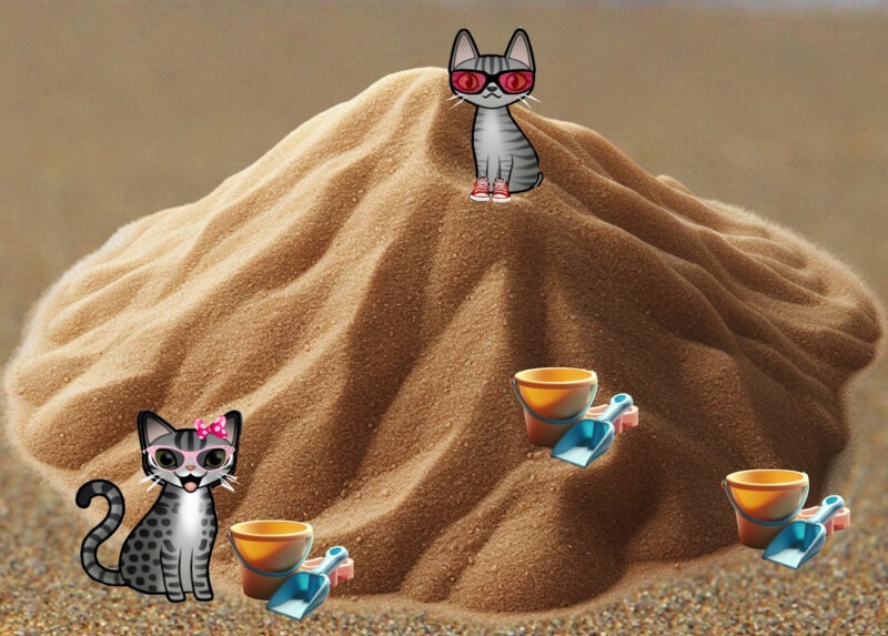 Periwinkle Stinky International Sand Sculpting Championship (Two cartoon tabby cats with a pile of sand and three buckets with shovels.)