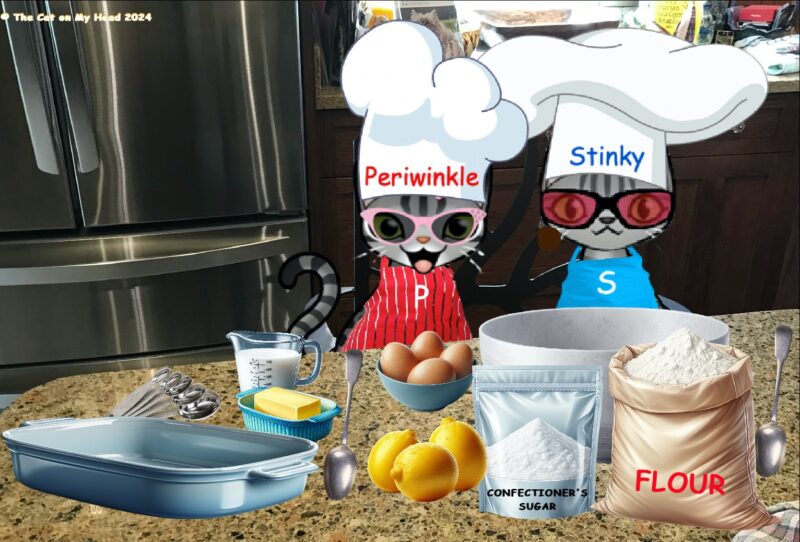 Periwinkle Stinky feral cats: Two cartoon tabby cats make lemon bars.