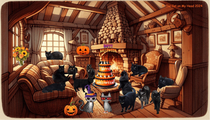 Periwinkle Stinky Halloween: Cottage living room with 12 black cats, two cartoon tabby cats, jack-o-lanterns and an Halloween cake.