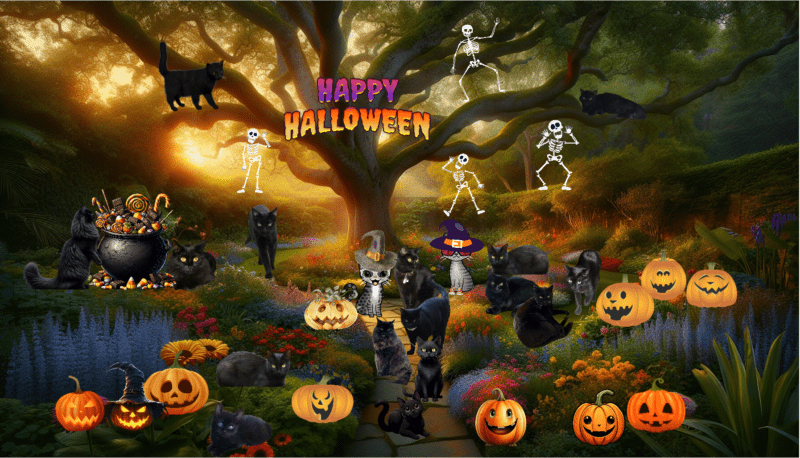 Periwinkle Stinky Halloween: Periwinkle Stinky Halloween: Garden filled with 16 black cats, jack-o-lanterns, skeletons and two cartoon tabby cats.