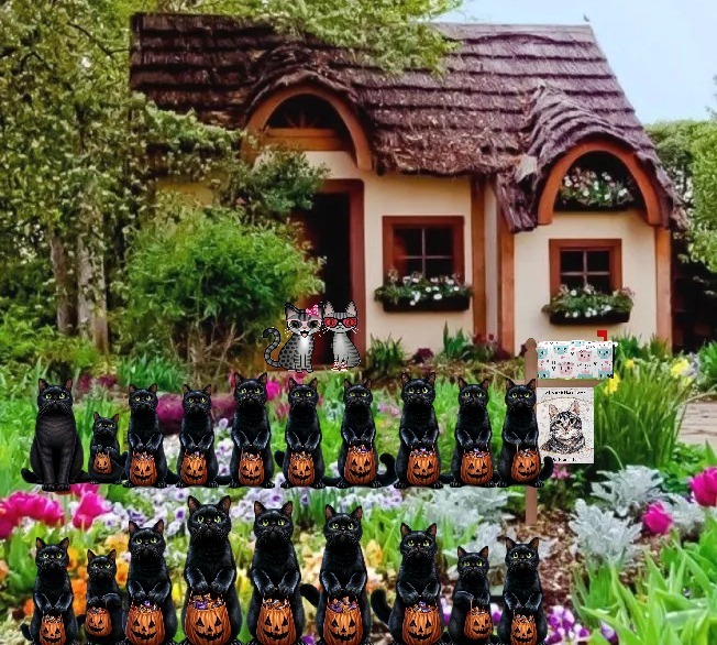 Periwinkle Stinky Halloween: Cottage exterior with two cartoon tabby cats on front porch and two lines of black cats holding trick-or-treat pumpkin containers.