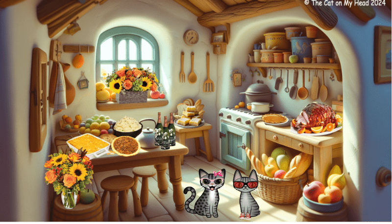 Stinky Periwinkle Thanksgiving Two cartoon tabby cats in a cottage kitchen with food for a Thanksgiving dinner. (Stinky Periwinkle Thanksgiving)