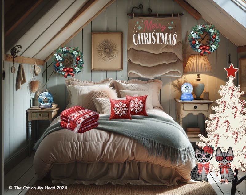 Two cartoon tabby cats in a cottage bedroom decorated for Christmas.