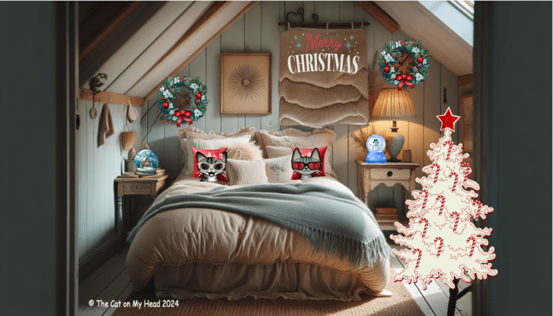 Periwinkle Stinky Christmas Two cartoon cats, Periwinkle and Stinky, celebrate Christmas in a decorated bedroom.