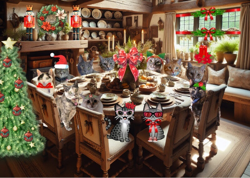 Ten cats and two cartoon cats, Periwinkle and Stinky, celebrate Christmas in a decorated cottage dining room.