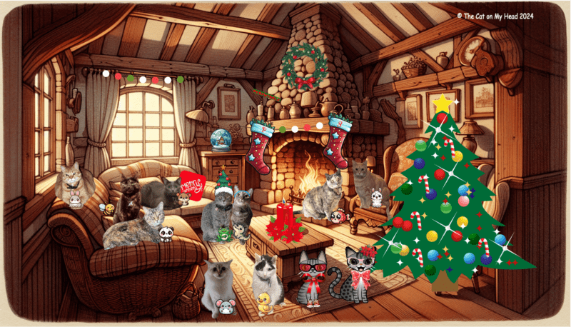 Ten cats (each with an animal stuffie) and two cartoon cats, Periwinkle and Stinky, celebrate Christmas in a decorated cottage living room.