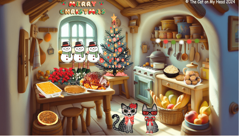 Periwinkle Stinky Christmas Two cartoon cats, Periwinkle and Stinky, celebrate Christmas in a decorated cottage kitchen.