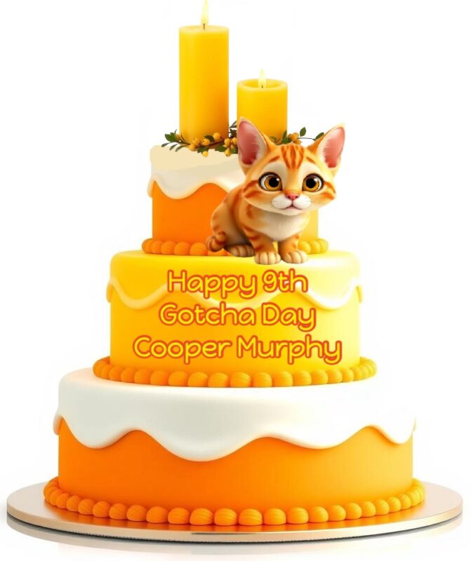 Gotcha Day Cake Gotcha Day cake with three tiers in orange, yellow and white with two yellow candles and an orange tabby cat topper.