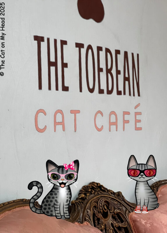 Periwinkle Stinky Toebean Cat Cafe Two cartoon tabby cats sitting on an antique sofa in front of a wall painted with "The Toebean Cat Cafe"