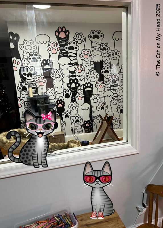 Periwinkle Stinky Toebean Cat Cafe Two cartoon tabby cats sitting in front of a window that looks into a room with a wall painted with dozens of cat paws showing off their toebeans.