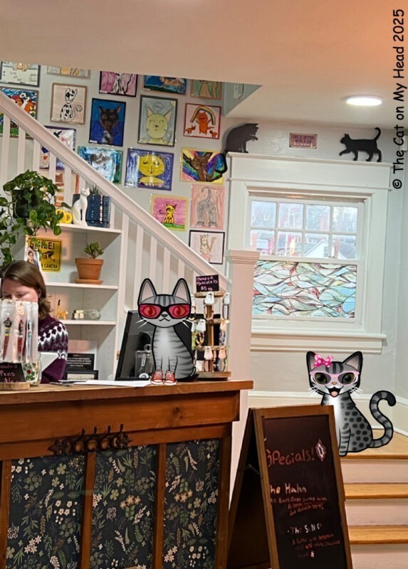 Periwinkle Stinky Toebean Cat Cafe Two cartoon tabby cats at a reception desk by a staircase with lots of cat pictures by children.