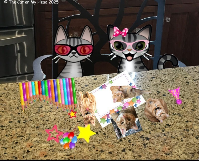Gotcha Day Cake Two cartoon tabby cats at a kitchen counter with supplies to make a Gotcha Day card.