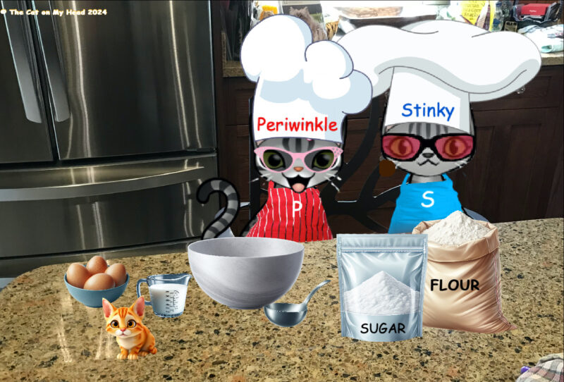 Gotcha Day Cake Two cartoon tabby cats in aprons and chef's hats at a kitchen counter with ingredients to bake a Gotcha Day cake.
