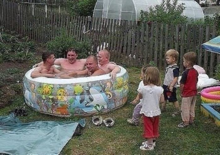 play date dads thankfuls Four dads in a kiddie pool with four kids looking on ... a play date for dads.