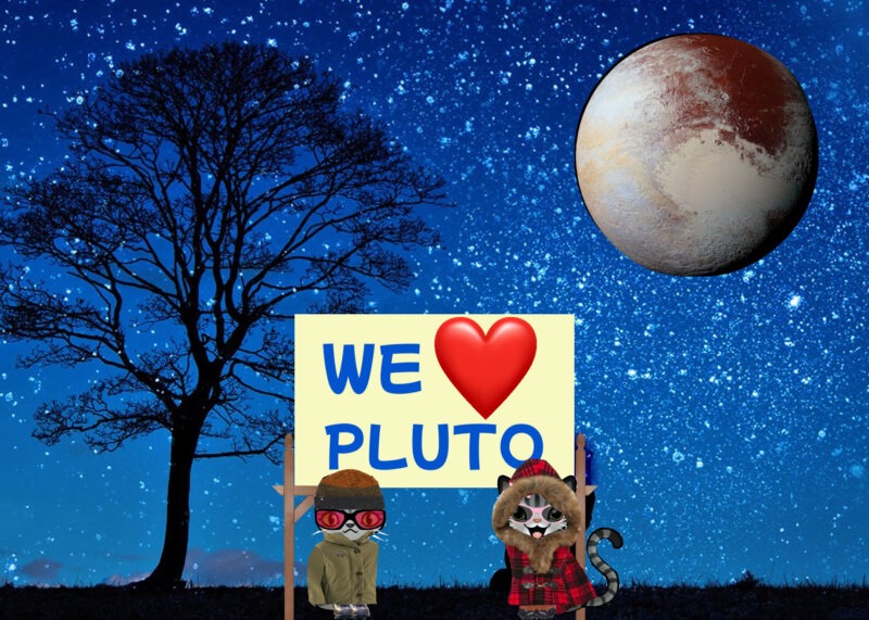 Periwinkle Stinky Pluto Two cartoon tabby cats dressed for winter and standing next to a sign which reads, "We (heart) Pluto," and an image of Pluto in the sky.