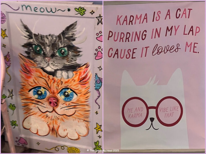 Kitty City Cat Cafe A painting of an orange and a grey tabby cat and a sign which reads, "Karma is a cat purring in my lap cause it loves me," at Kitty City Cat Cafe.