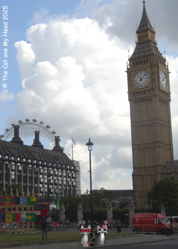 Periwinkle Stinky London Tea for Two Tuesday Two cartoon tabby cats at Elizabeth Tower/Big Ben in London.