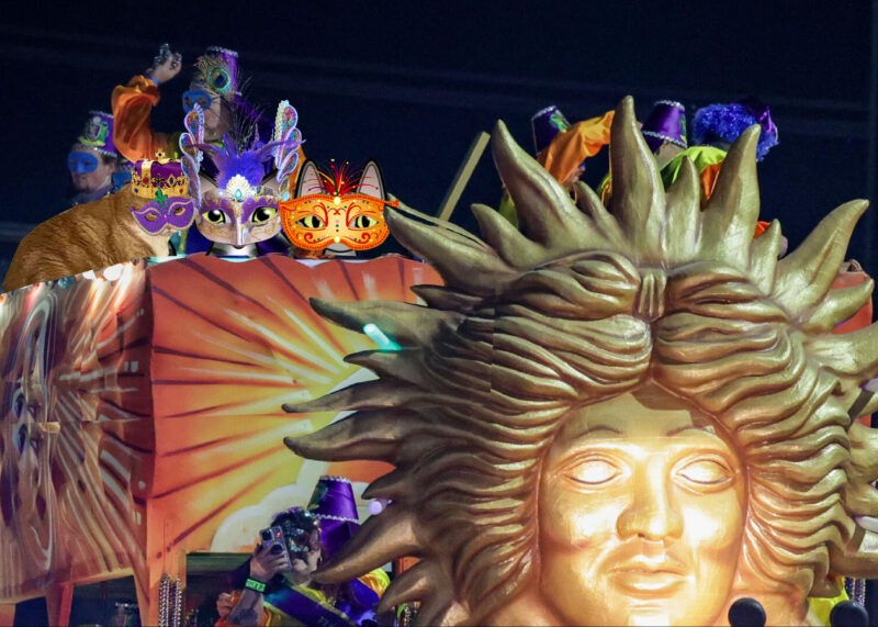 Periwinkle Stinky Mardi Gras A ginger tabby cat in a Mardi Gras mask and king's crown and two grey cartoon tabby cats in Mardi Gras masks on an Excalibur float.