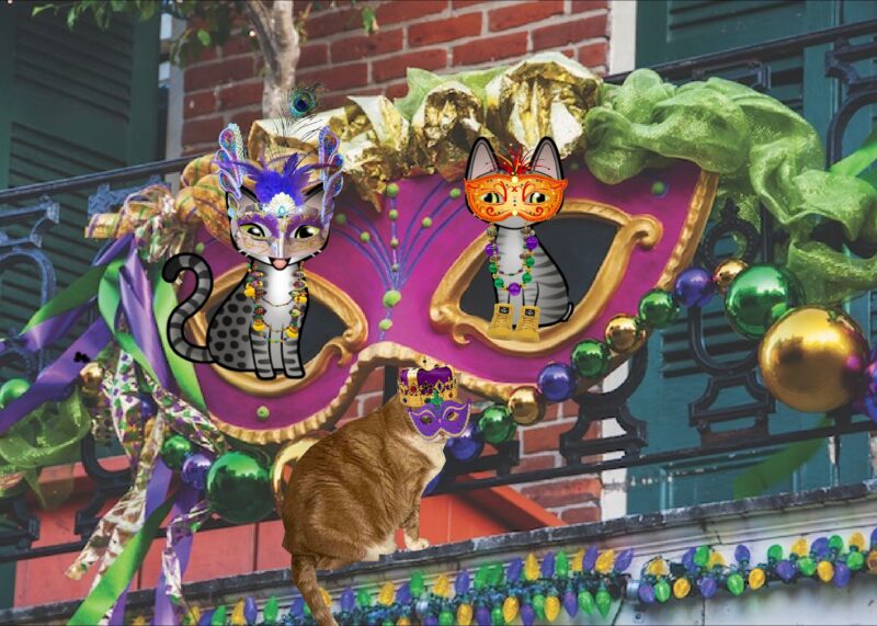 Periwinkle Stinky Mardi Gras A ginger tabby cat and two cartoon grey tabby cats in masks and beads posing with an oversized Mardi Gras mask.