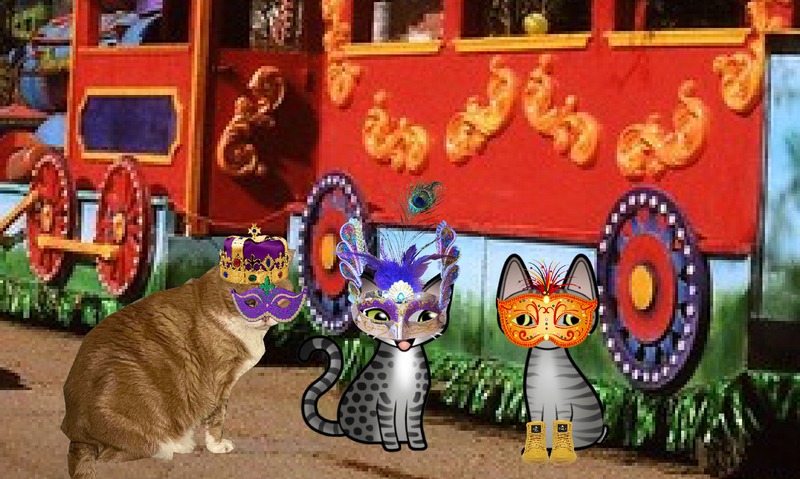 Periwinkle Stinky Mardi Gras A ginger tabby cat and two grey cartoon tabby cats dressed in Mardi Gras masks.