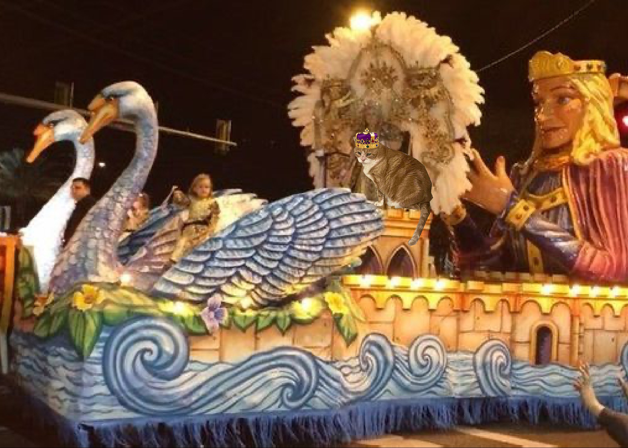 Periwinkle Stinky Mardi Gras Krewe Excalibur Mardi Gras float featuring an orange tabby cat in a king's crown.