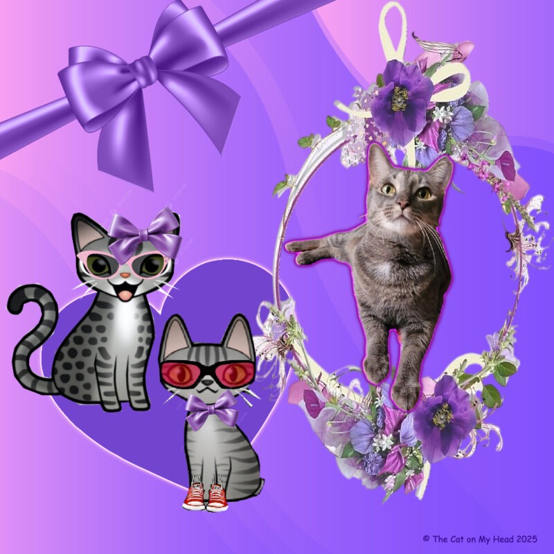 NATIONAL TABBY CAT DAY 2025: Two cartoon tabby cats and one grey tabby cat on an elaborate ombre pink and purple scrapbook page.