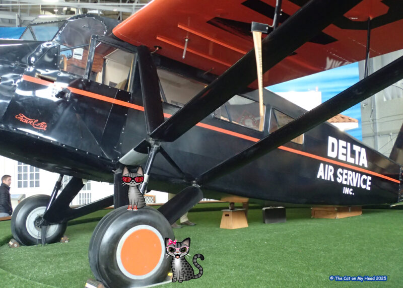 Periwinkle Stinky Delta Flight Museum Delta Flight Museum Travel Air S-6000-B aircraft and two cartoon tabby cats.