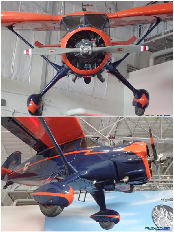 Periwinkle Stinky Delta Flight Museum Collage of a Stinson Reliant SR aircraft (SR-1 to SR-10) at the Delta Flight Museum with a cartoon tabby cat sitting on top.