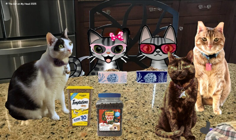 Periwinkle Stinky Cat World Domination: Two cartoon cats and three real cats enjoy treats at a kitchen island.