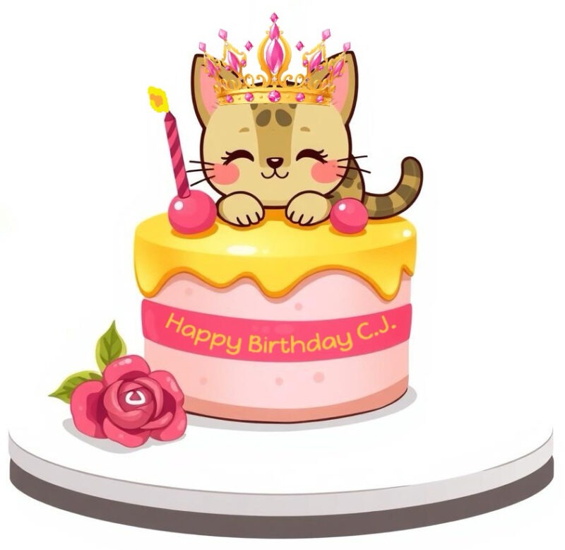 Feline Friday birthday Birthday cake on Feline Friday for Calista Jo with a kitty wearing a tiara as a cake topper.