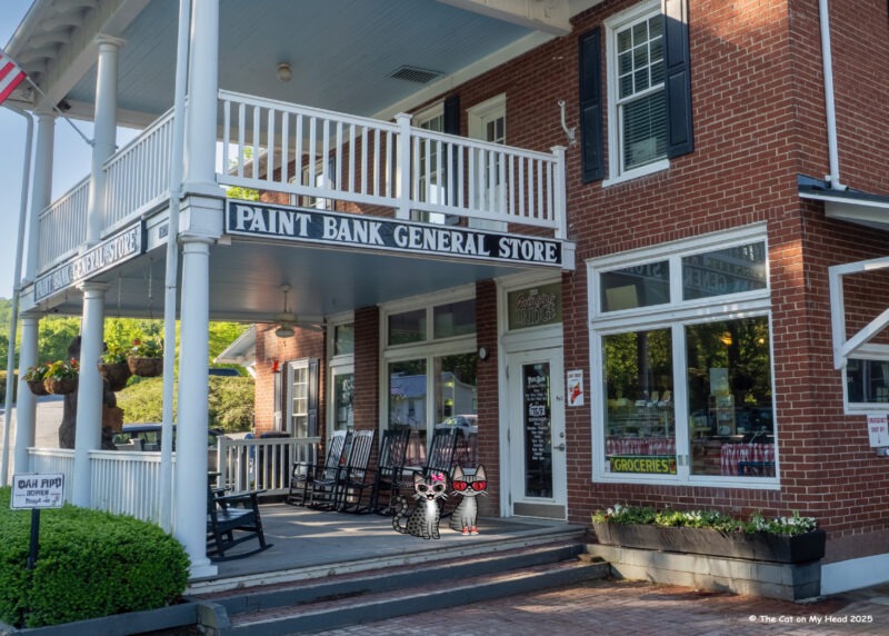 Two cartoon tabbies cats, Periwinkle & Stinky, on the front porch of the Paint Bank General Store.