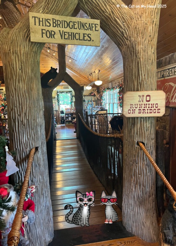 Two cartoon tabbies cats, Periwinkle & Stinky, on the swinging bridge at the Paint Bank General Store.