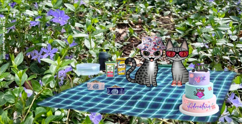 Periwinkle Stinky 300th Adventure Periwinkle and Stinky (cartoon tabby cats) share a picnic in a field of periwinkles for their 300th adventure.