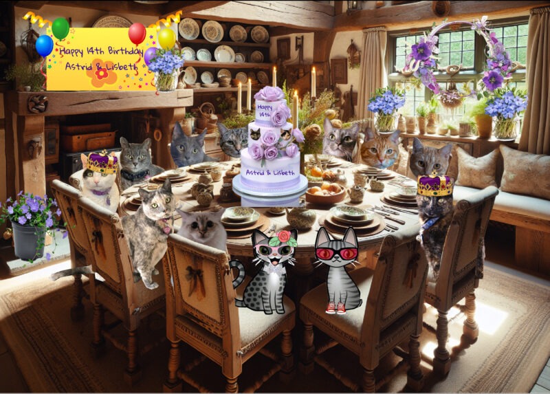 Periwinkle Stinky birthday Cottage dining room with ten cats and two cartoon tabby cats seated around a round table with a birthday cake in the center and a banner above the fireplace.