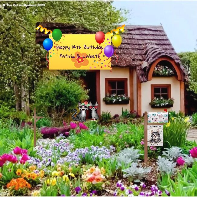 Periwinkle Stinky birthday Two cartoon tabby cats on the steps of a quaint cottage with a sign on the roof, which reads, "Happy 14th Birthday Astrid & Lisbeth."