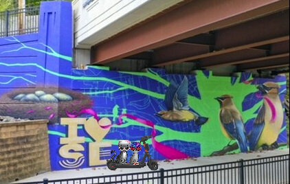 Periwinkle Stinky 300th Adventure Two cartoon tabby cats on a scooter wearing cycling helmets and admiring a mural of birds on the Roanoke River Greenway.
