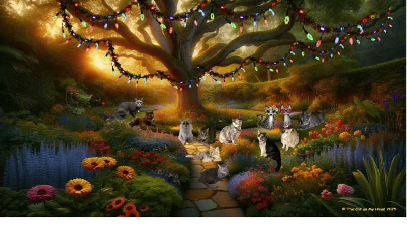 Periwinkle Stinky birthday Garden strung with Christmas and inhabited by ten cats and two cartoon tabby cats.
