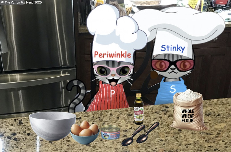 homemade cat treats Two cartoon tabby cats wearing chef's hats and aprons and sitting at a counter with ingredients to make homemade cat treats.