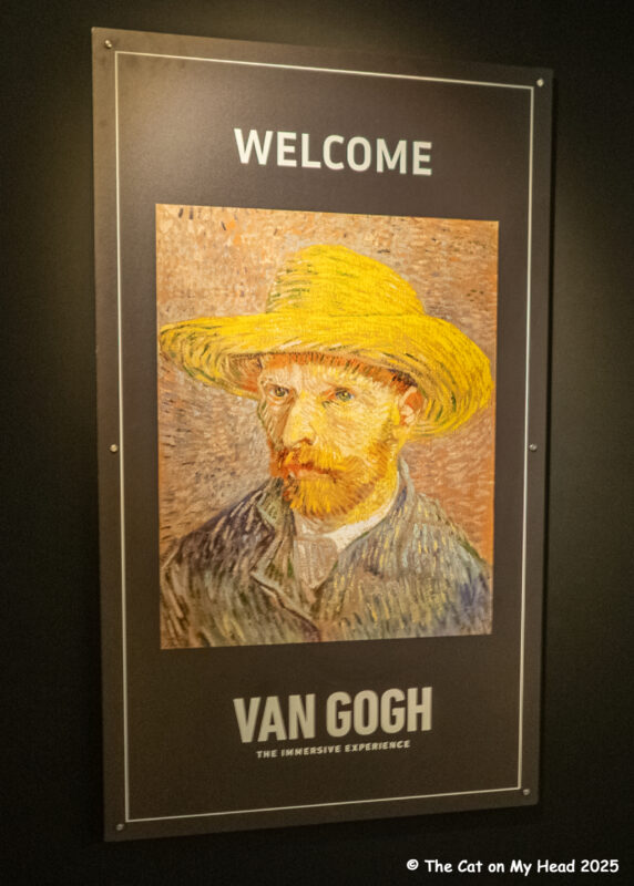 Van Gogh Experience Welcome sign to the Van Gogh Experience with a self-portrait of Van Gogh.