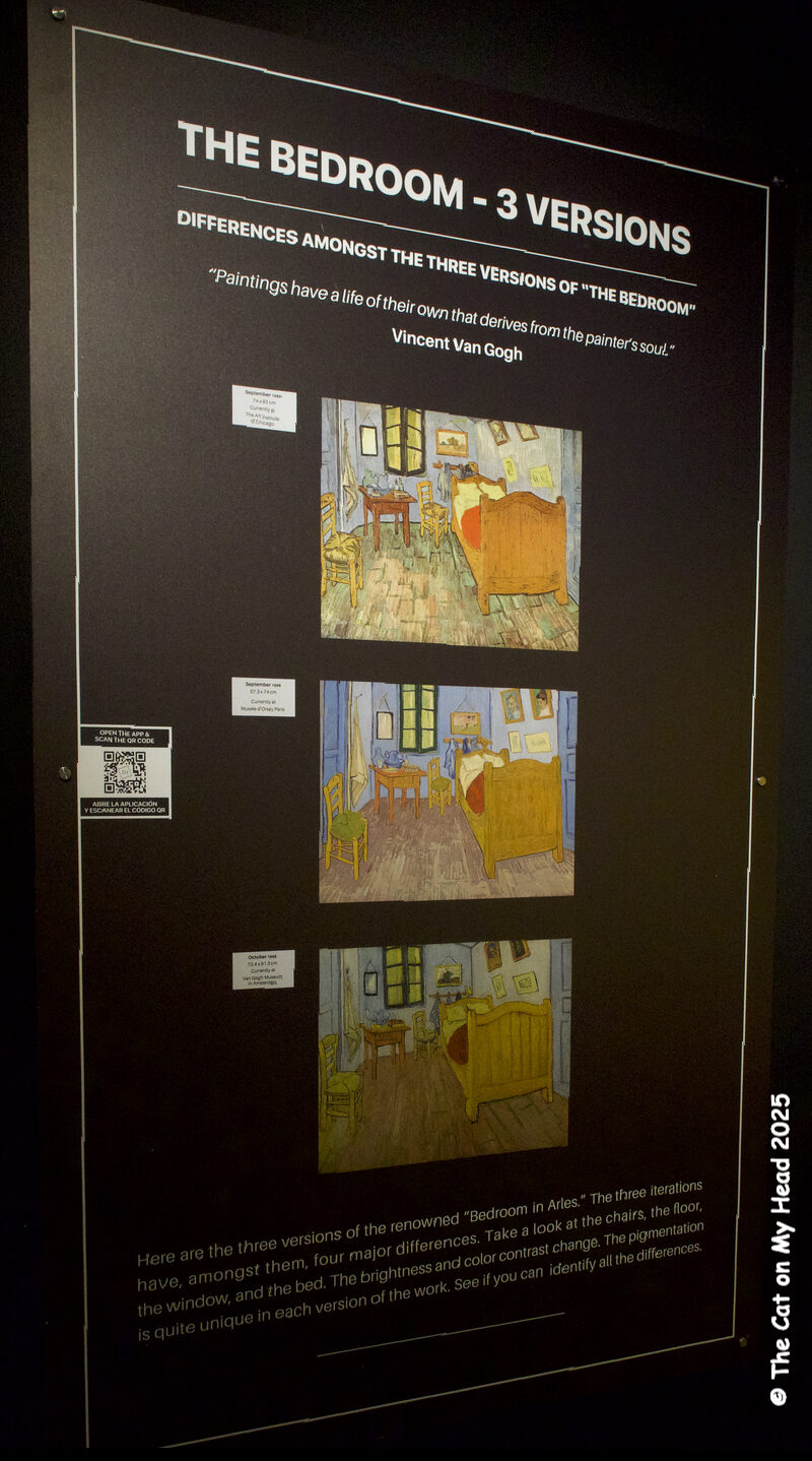 Van Gogh Experience Sign showing the three paintings of the Bedroom in Arles by Vincent van Gogh at the Van Gogh immersive Experience.