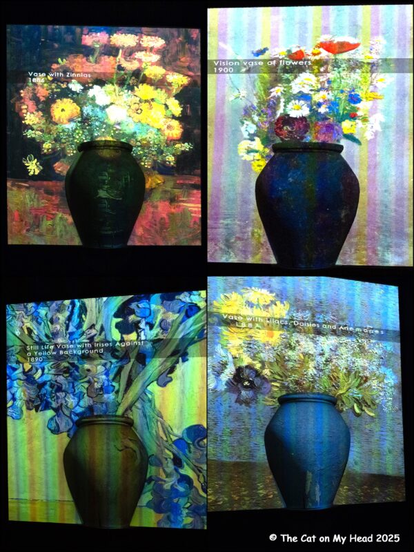 Van Gogh Experience Four of Van Gogh's flower paintings from a display at the Van Gogh Immersive Experience.
