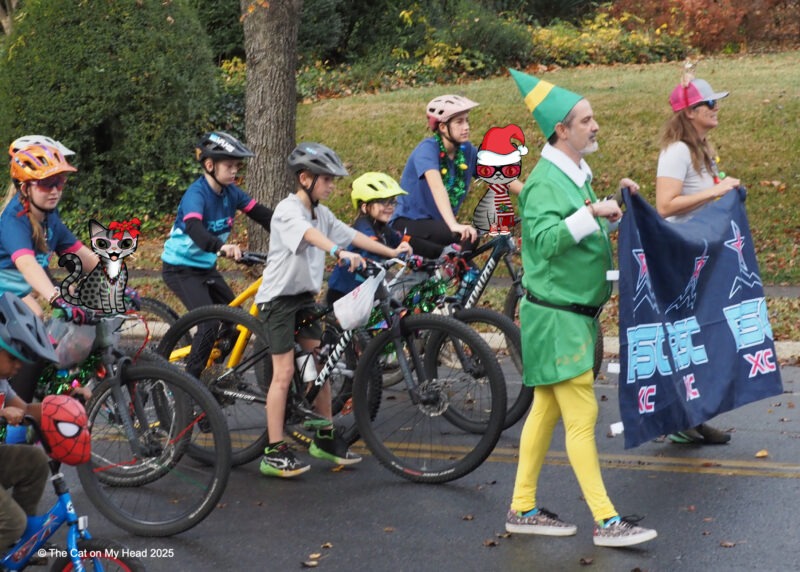 Grandin Village Holiday Children's Parade Two cartoon tabby cats dressed for Christmas and riding on the handle bars of bikes following a man dressed as an elf in the Grandin Village* Holiday Children's Parade, Roanoke, VA.