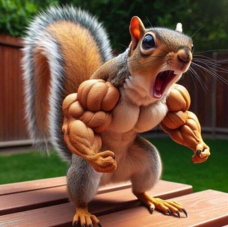 A roaring AI-created squirrel with huge muscles.